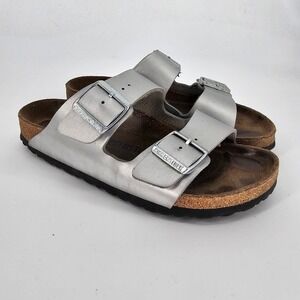 Birkenstock Arizona Soft Footbed Silver Leather Sandals Womens 39 US 8 Casual